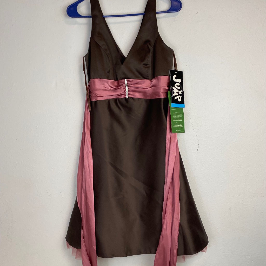 Jump Apparel Strap Belt Tie/Rhinestone Tulle Homecoming Dress 5/6 Brown/Pink
